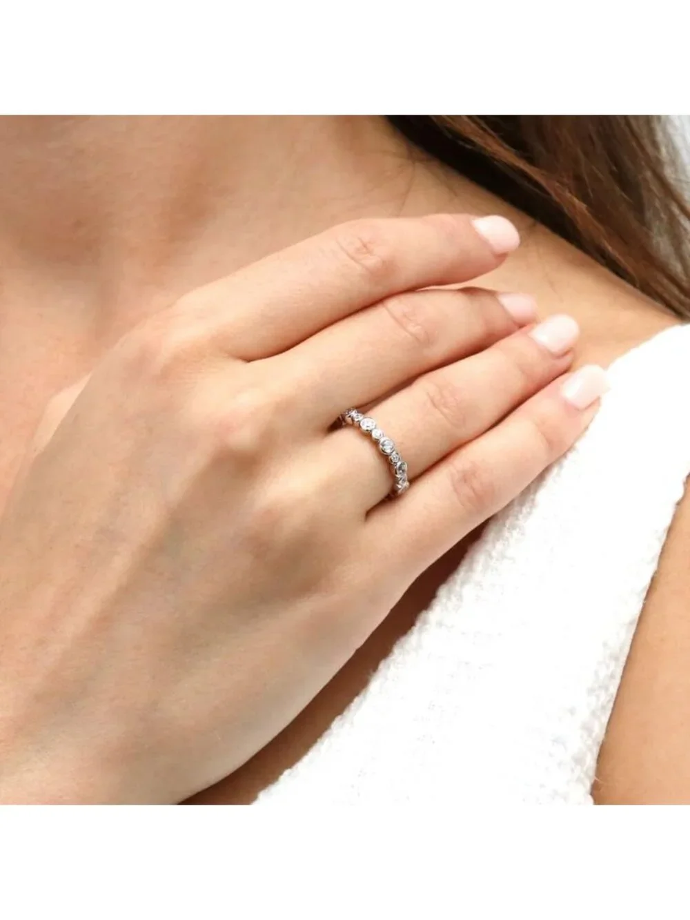 Elegant Sterling Silver CZ Bubble Wedding Ring - Bezel Set Eternity Band